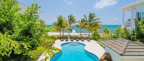 A swimming pool surrounded by palm trees and a view of the ocean.