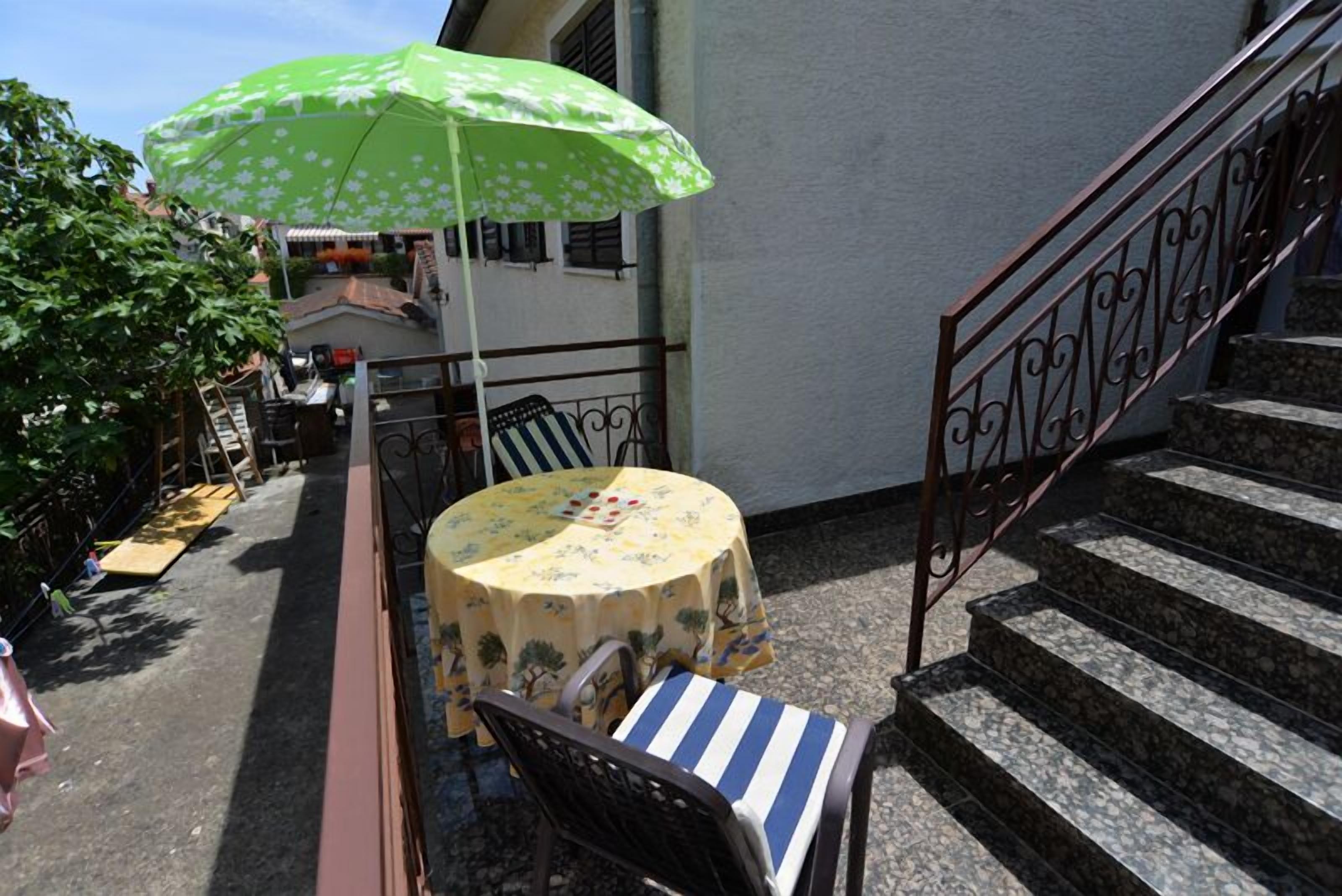 Une terrasse avec une table et des chaises, un parasol vert et un escalier.