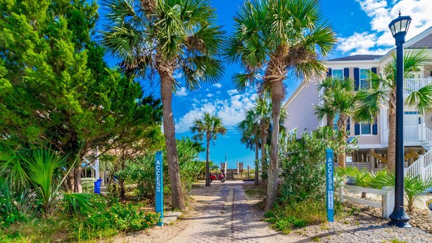 A pathway lined with palm trees leading to a building with a white facade and a blue sign indicating access. - 5-Bedroom Home w/ Pool Near Surfside Beach (Surfside Beach)