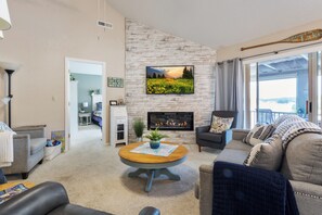 TV, fireplace, DVD player, books