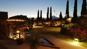 Un giardino curato con piscina, vialetti e alti cipressi.