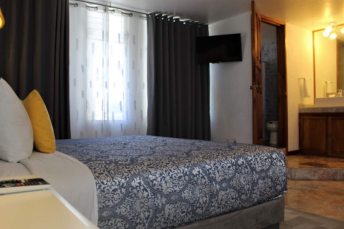 A hotel room with a bed, a TV mounted on the wall, a bathroom with a sink and mirror, and a shower area.