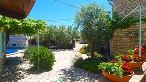 Ein gepflasterter Innenhof mit Topfpflanzen und blauem Himmel.