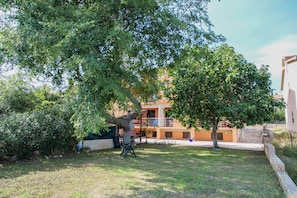 Relax in a serene garden setting surrounded by lush greenery and a large tree.