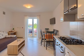 A modern apartment with a living room, dining area, and kitchen.