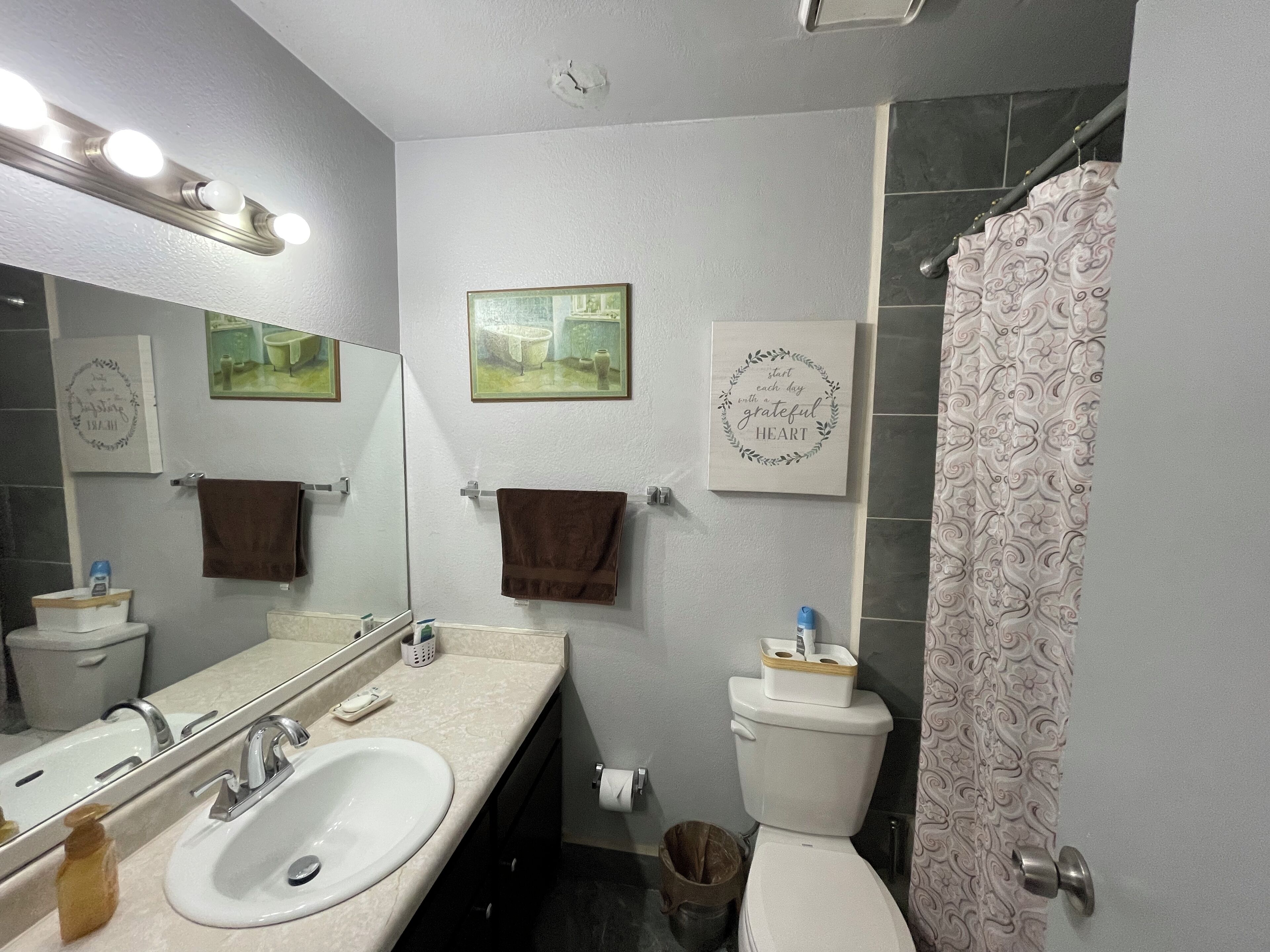 Combined shower/tub, towels