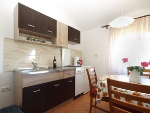 Fridge, stovetop, coffee/tea maker, cookware/dishes/utensils