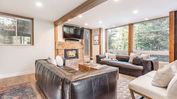 TV, lareira, DVD player, aparelho de som