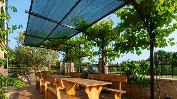 An outdoor patio with wooden benches and a table, covered by a blue mesh canopy, surrounded by greenery and a stone wall. - Apartment 813/1900 (Istria - Medulin), 90m from the beach (Medulin)