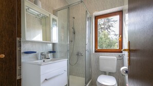 A modern bathroom with a glass-enclosed shower, a toilet, and a sink with a mirror above.