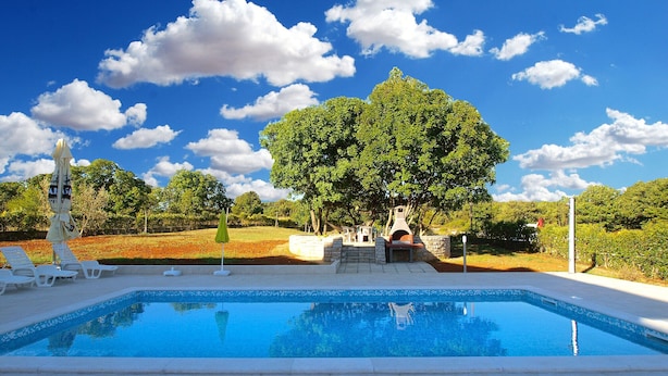 A swimming pool with lounge chairs and a barbecue area, surrounded by trees and a clear sky.