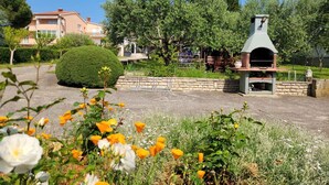Un jardín con zona de barbacoa, seto cuidado y diversas flores.