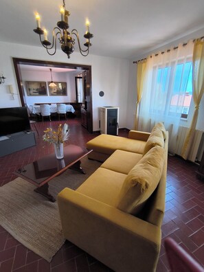 A living room with a sofa, a coffee table, a TV, a fireplace, and a dining area in the background.