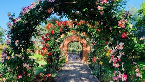 A garden pathway leading to a gated entrance, surrounded by blooming roses and greenery. - RedSmith Ranch (San Joaquin County)