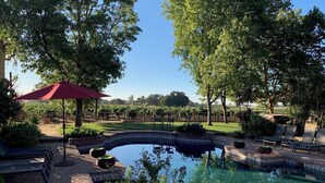 A pool area with a fountain, surrounded by trees and a pergola with a red umbrella. - RedSmith Ranch (San Joaquin County)