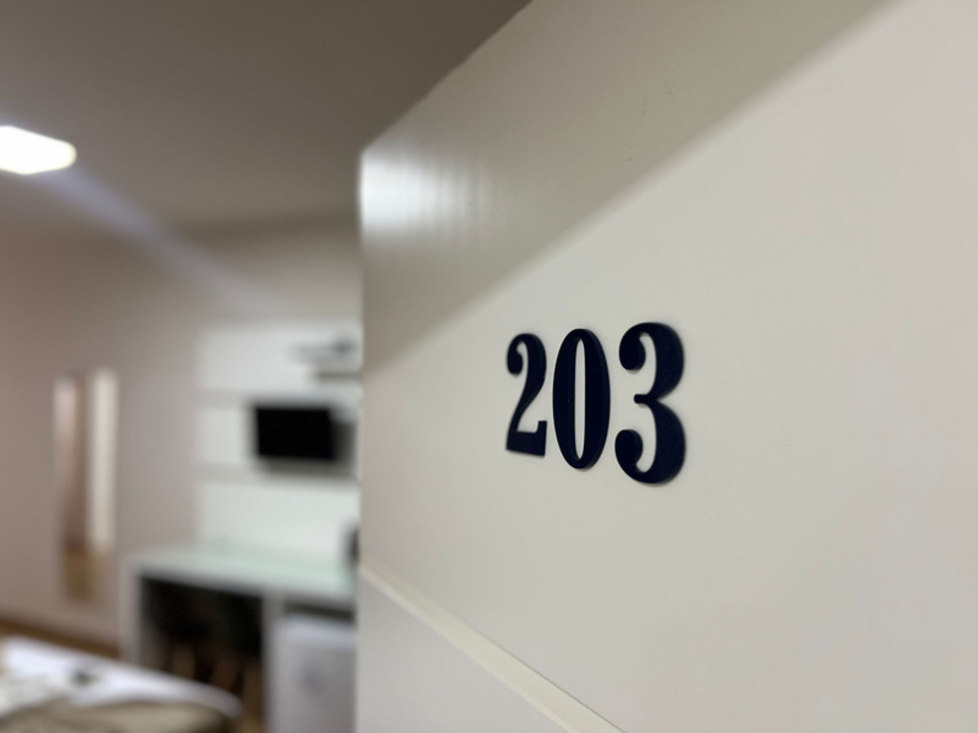 A close-up of a wall with the number 203.