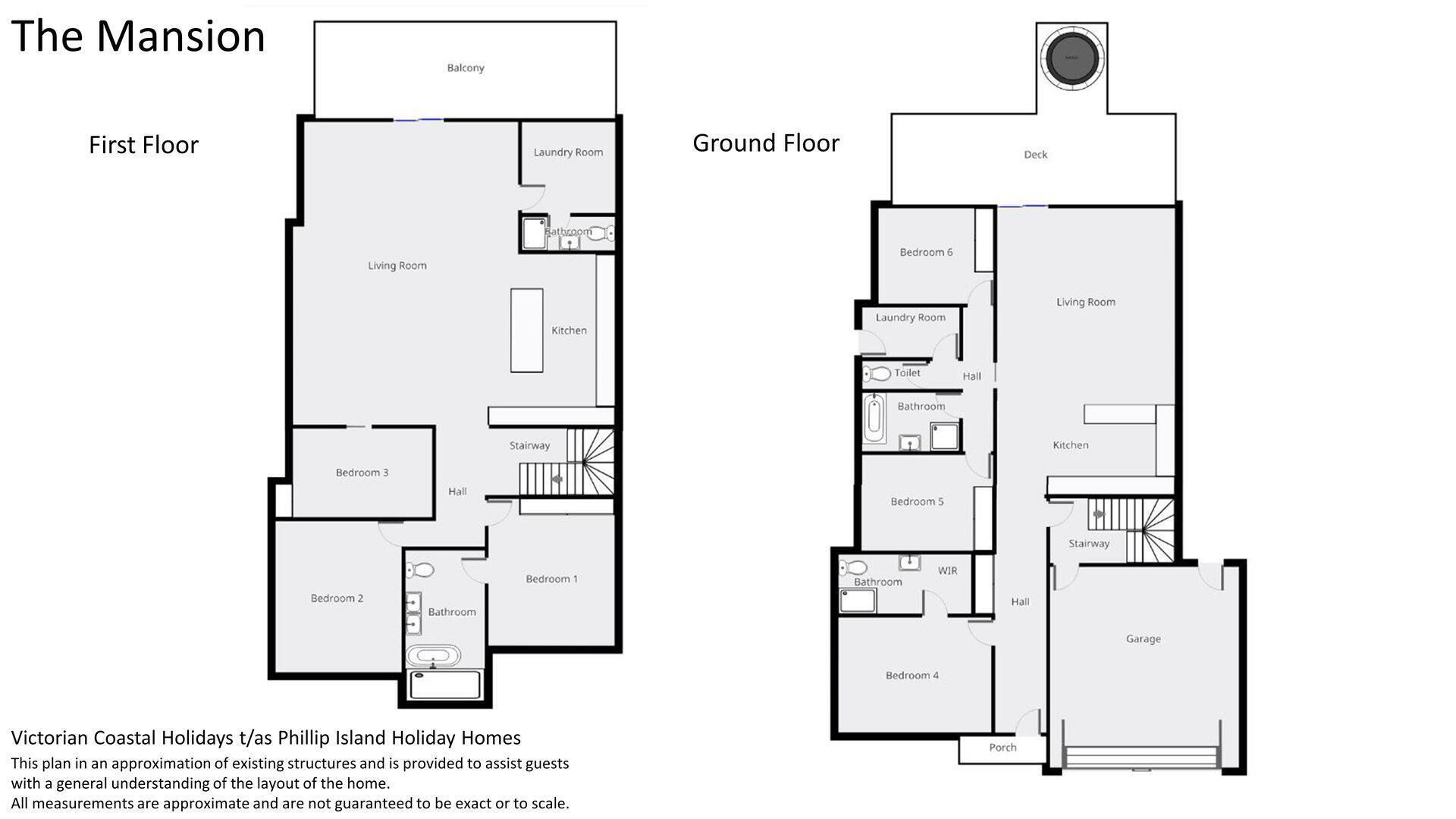 A floor plan of The Mansion with first and ground floors, including bedrooms, a living room, kitchen, and a balcony.