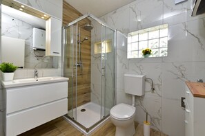 A modern bathroom with a glass-enclosed shower, a toilet, and a sink with a mirror.