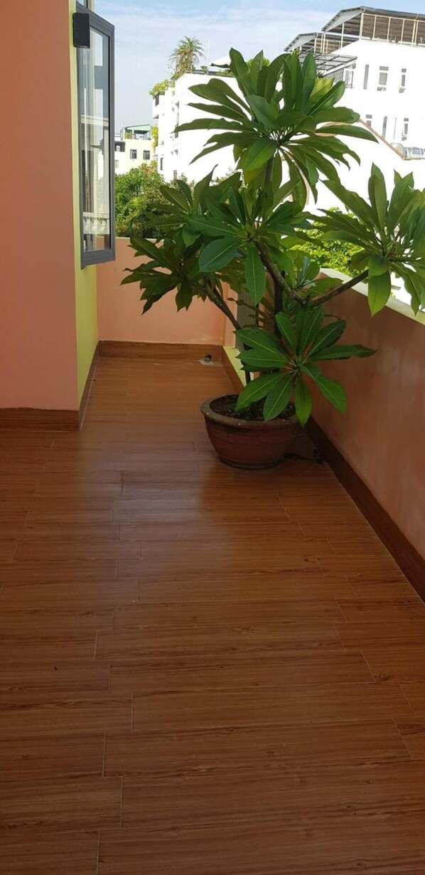 Un balcón con una planta en maceta, piso de madera y vistas a edificios al fondo.