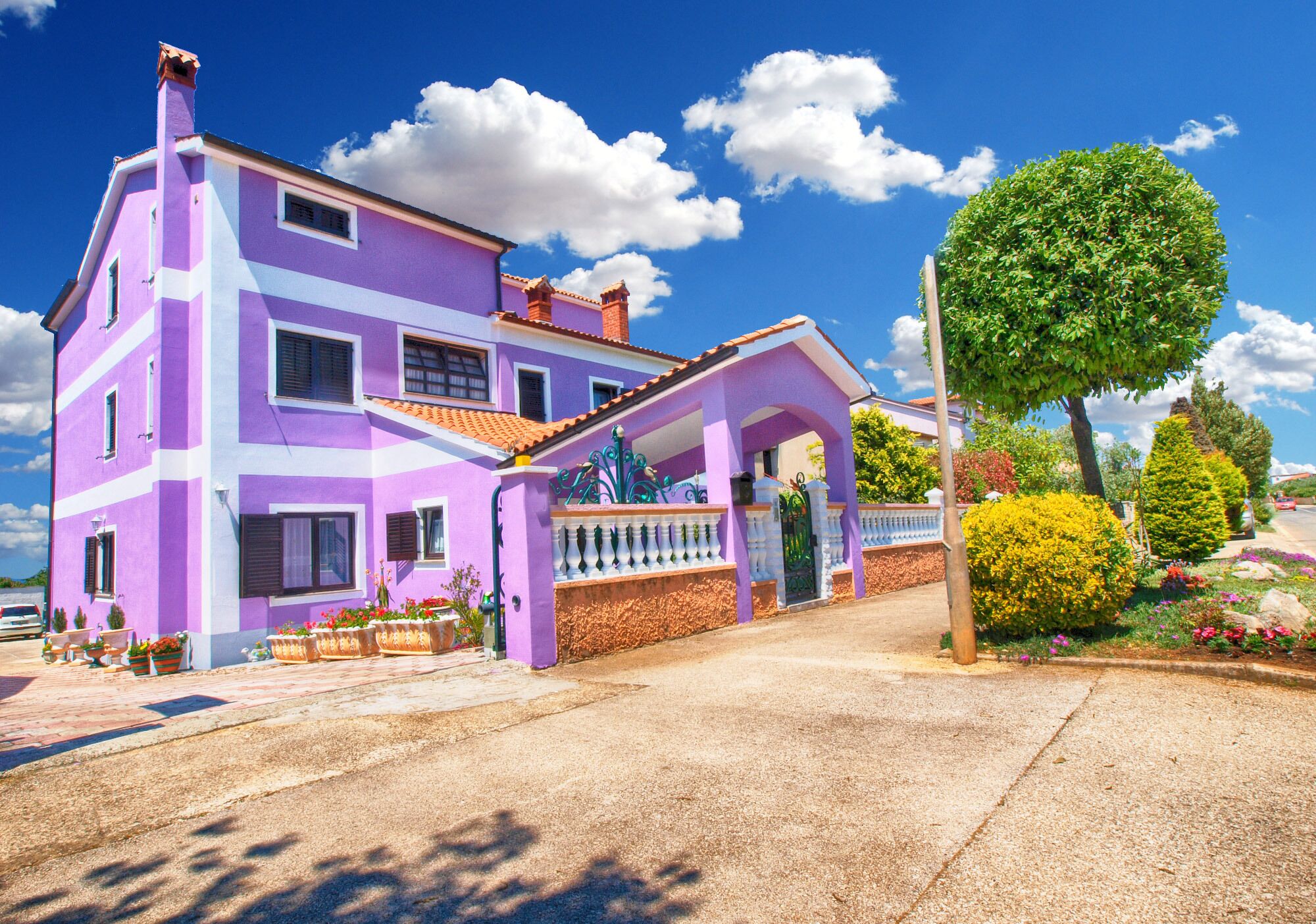 A multi-story house with a purple exterior, a tiled roof, and a well-maintained garden with various plants and a large tree.