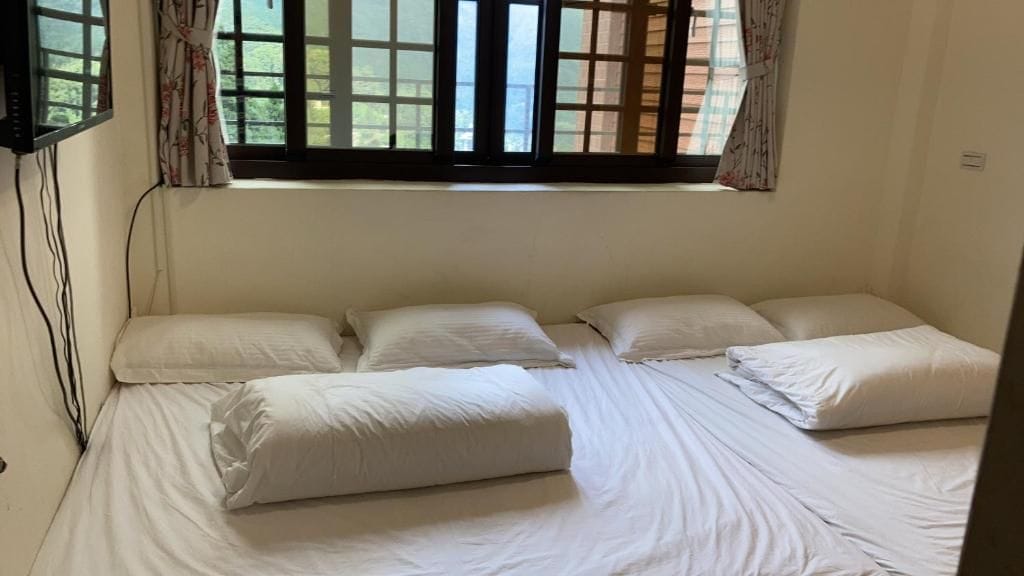 A single bed with white bedding and pillows, a window with curtains, and a wall-mounted television.