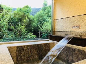 A spa area with a water feature and a view of lush greenery. - Yingjia Hot Spring Homestay (Luye)