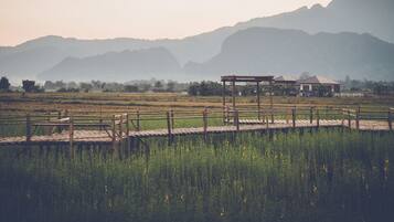 Een houten brug in landelijke stijl die leidt naar een tuinhuisje in een weelderig veld, met bergen op de achtergrond.