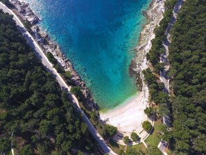 An aerial view of a coastal area with a clear beach, rocky shoreline, and dense forest.