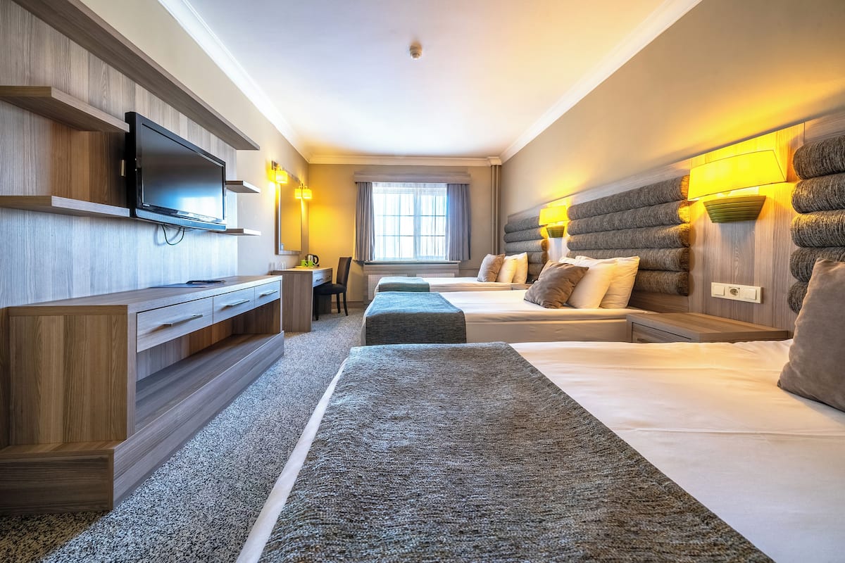 A modern hotel room with a flat-screen TV, a desk, two beds with matching headboards, a large window, and a carpeted floor.