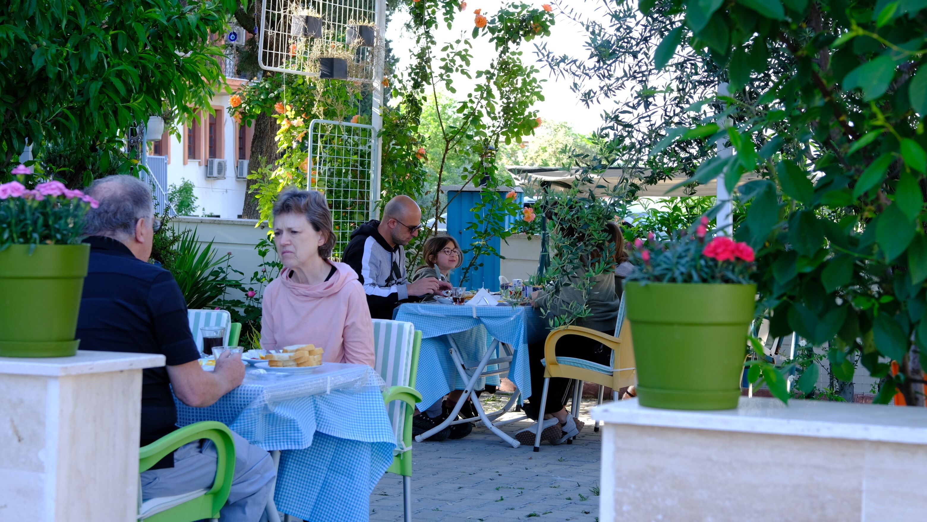 An outdoor café with tables and chairs, surrounded by greenery and potted plants.