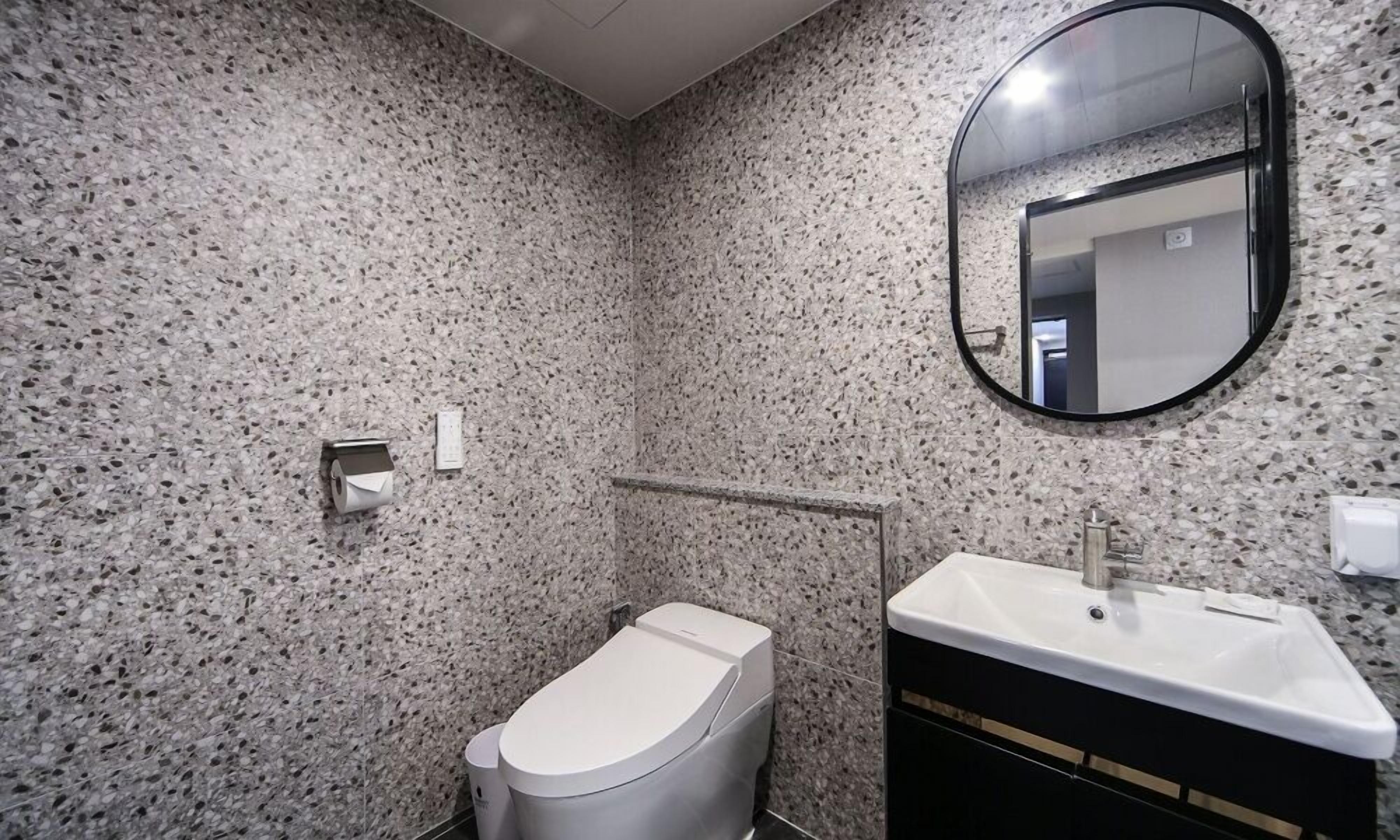 A bathroom with a toilet, sink, and mirror.