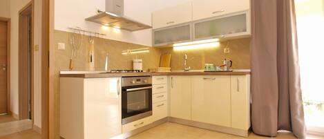 Frigorífico, microondas, horno y placa de cocina