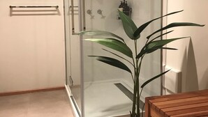 Zona de ducha con paredes de vidrio, un banco de madera y una planta en maceta.
