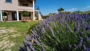 Un edificio de dos pisos con balcón, escalera y un jardín de lavanda.