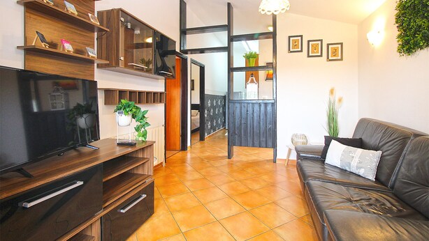 Een woonkamer met een televisie, houten planken, een bank en een plant.