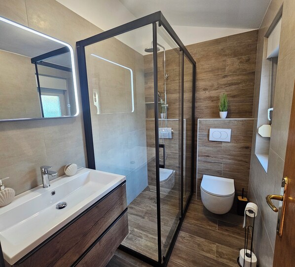 A modern bathroom with a glass-enclosed shower, a white sink, and a toilet.