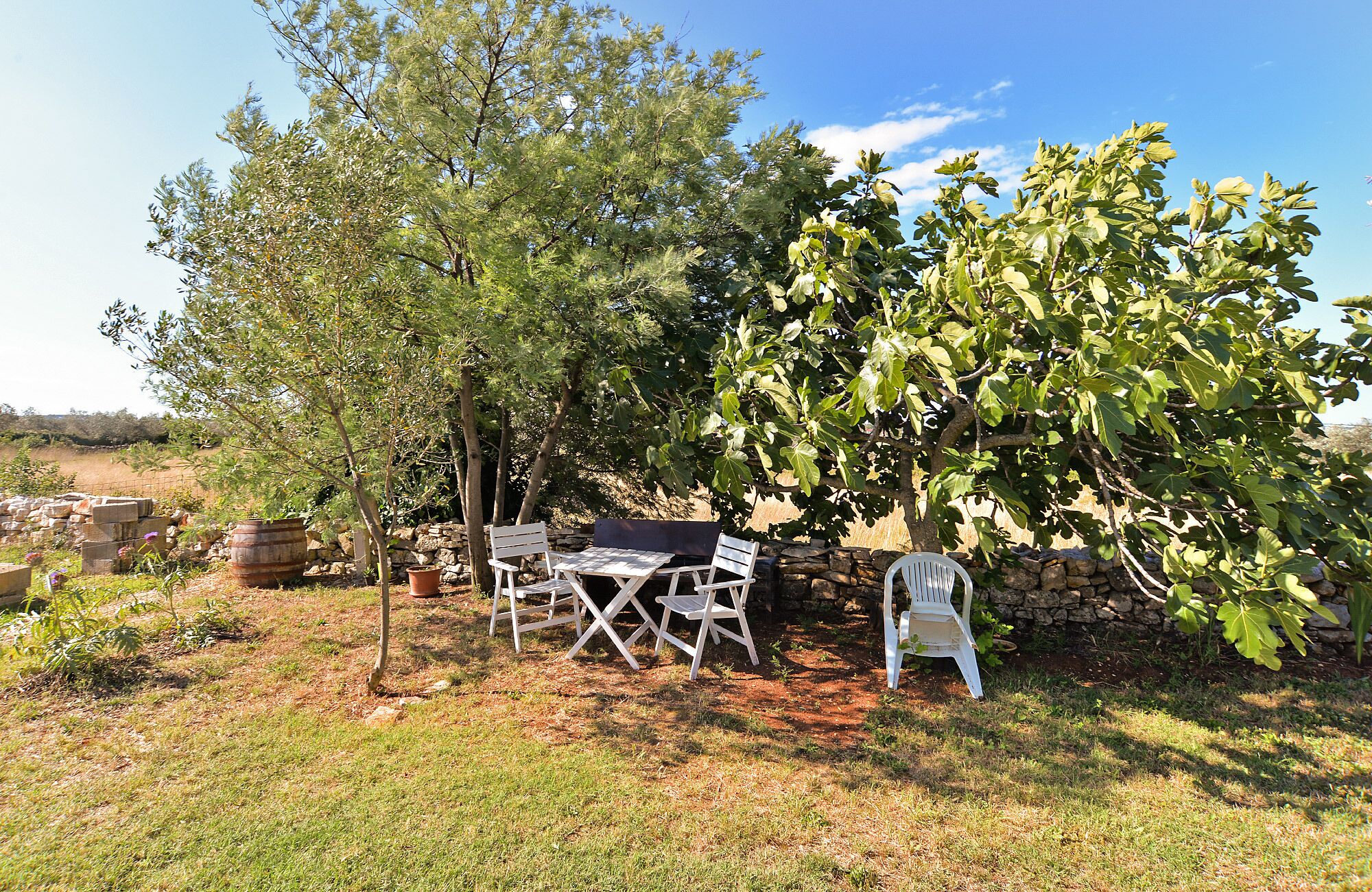 An outdoor seating area with a table and chairs, surrounded by trees and a stone wall.
