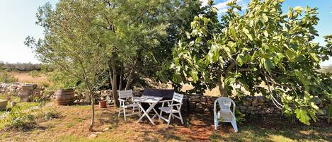 An outdoor seating area with a table and chairs, surrounded by trees and a stone wall.