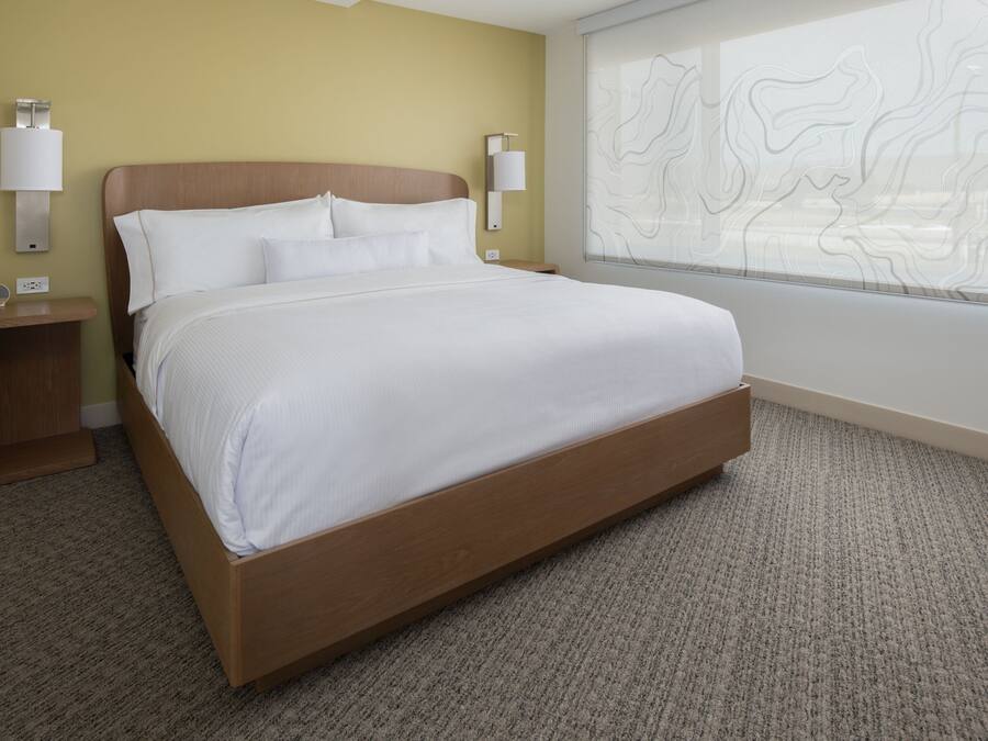 A hotel room with a large bed, two bedside tables, a nightstand, and a window with a view.