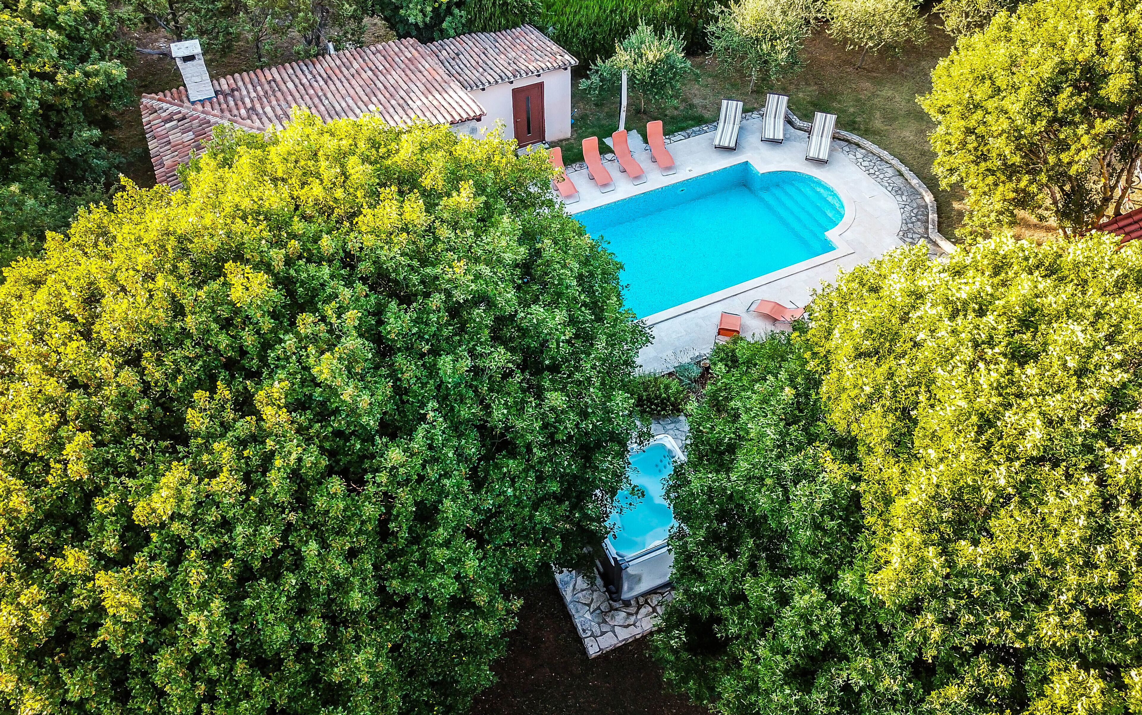 An aerial view of a private pool surrounded by lush greenery, with a small building and lounge chairs visible.