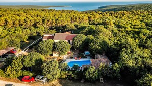 A residential property with a swimming pool, surrounded by dense forest, and a view of the sea.
