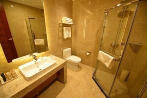 Shower, free toiletries, hair dryer, towels