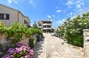 Stroll through a charming street lined with lush greenery and a mix of modern and traditional architecture.