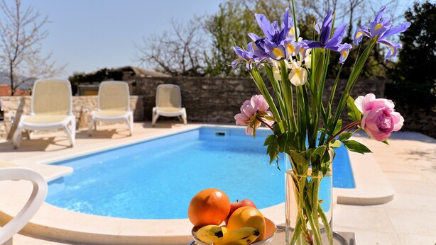 A poolside setting with a clear blue pool, lounge chairs, a vase with flowers and fruit. - House 1829/21736 (Istria - Rakalj), 1500m from the beach (Rakalj)