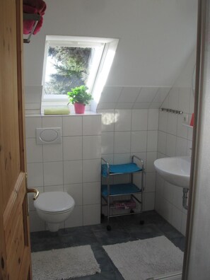 A small, compact bathroom with a toilet, a sink, a window with a plant, and a shower area. - Dorotheenhof (St. Peter-Ording)