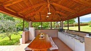 A covered outdoor kitchen with a wooden table, bar stools, and a large window overlooking a garden.
