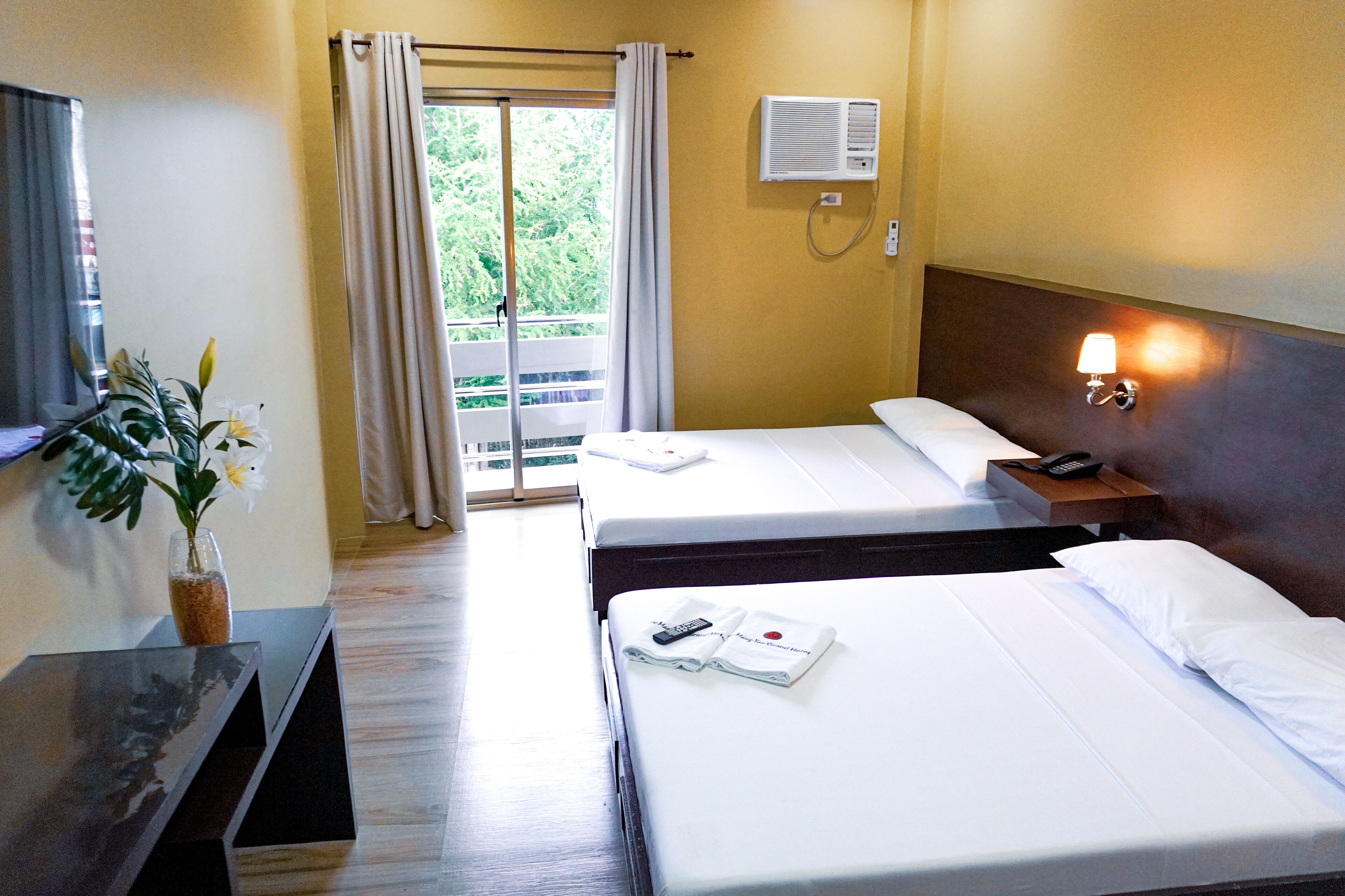 A hotel room with two beds, a TV, a plant, and a balcony with curtains.