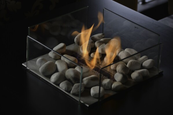 A glass enclosure with a fire burning among rocks.