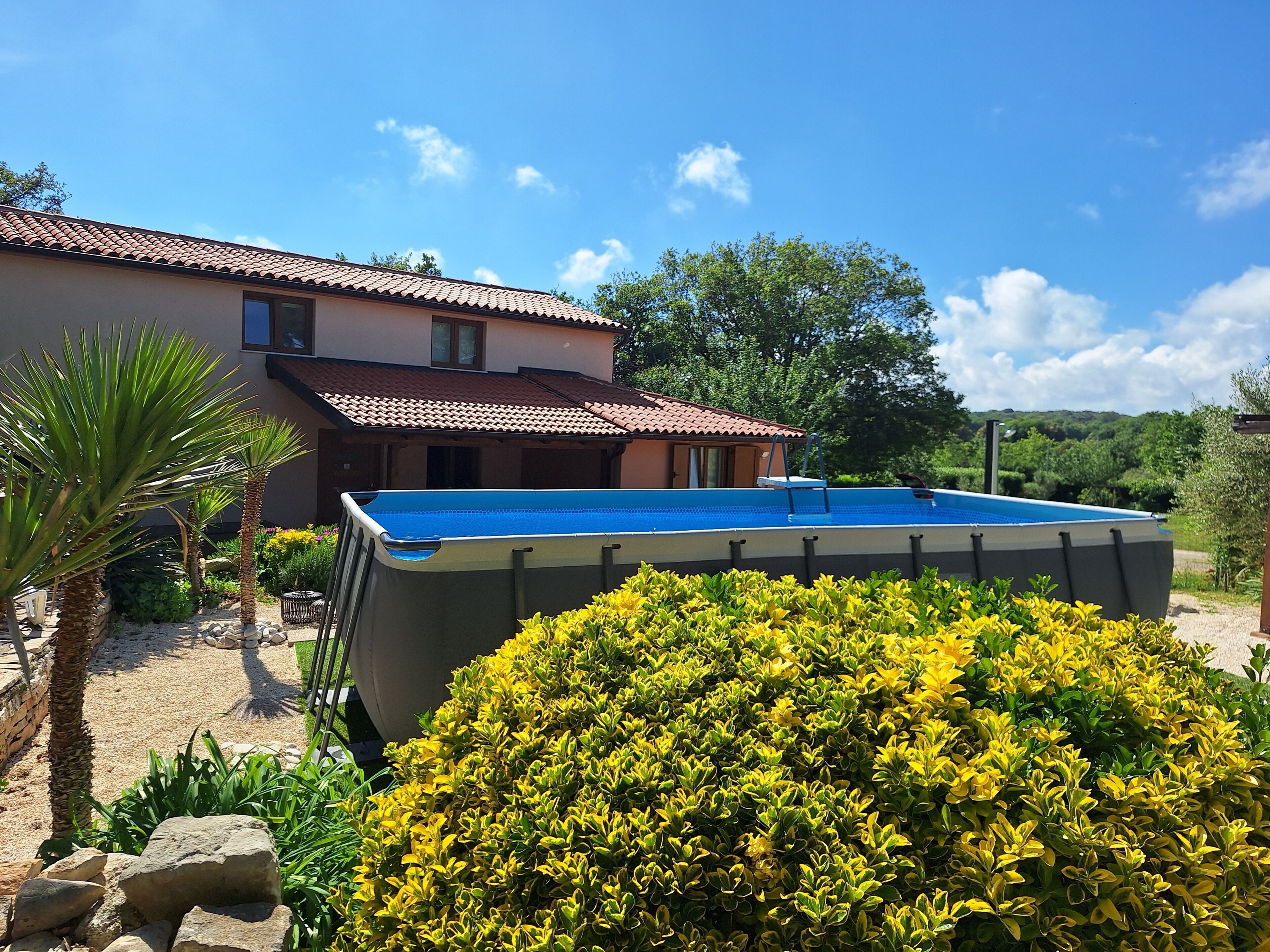 A house with a swimming pool, surrounded by greenery and a clear sky.