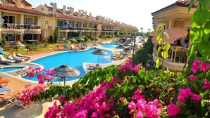 Un complexe hôtelier doté d’une grande piscine, de chaises longues et d’un jardin agrémenté de fleurs roses.